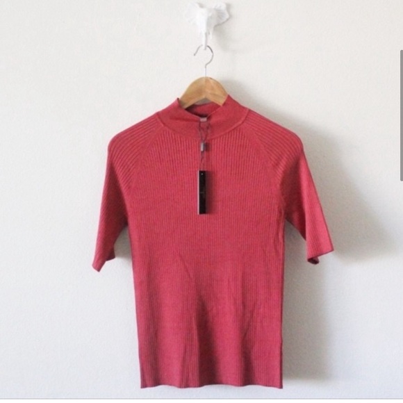 NWT T Tahari Short Sleeve Ribbed Mock Neck Shirt L186 - Picture 2 of 6